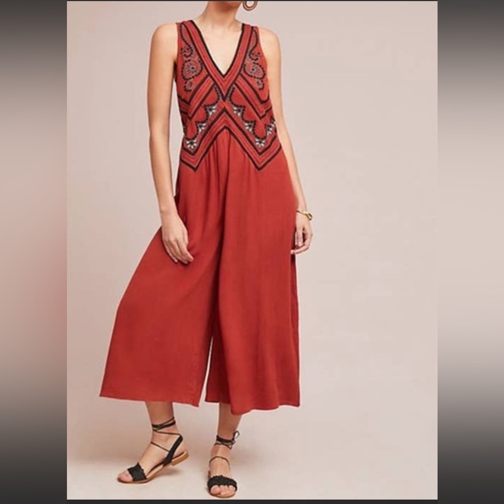 Maeve Desert Embroidered Jumpsuit Wide Leg Cropped Rust-colored size 8